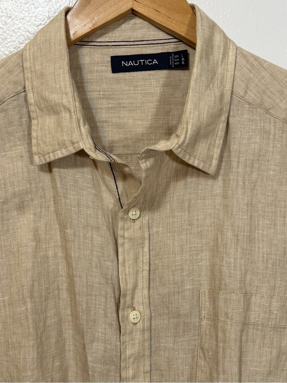 Nautica Beige Linen Button-Up Shirt Men's L Long Sleeve Point Collar Embroidered